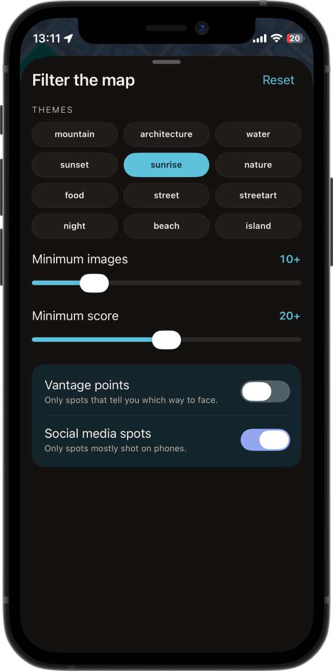 Imagecation map filters narrowing spots by theme, direction and phone friendly shots