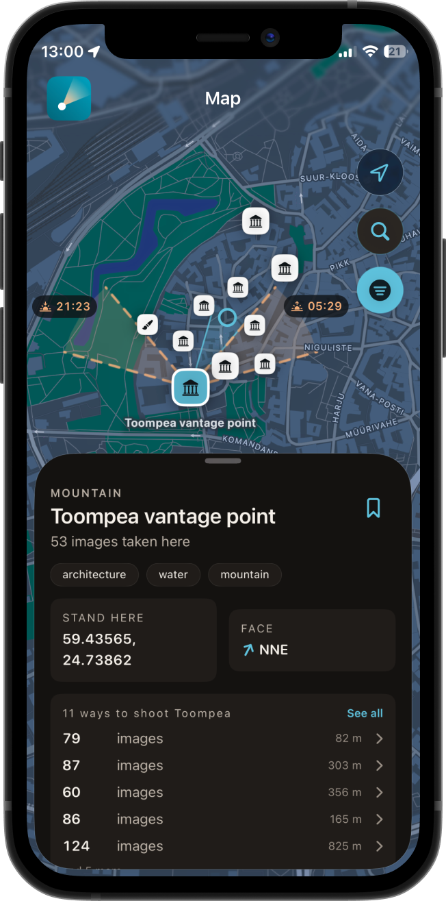 Imagecation map with light funnels showing which directions people shoot a landmark from