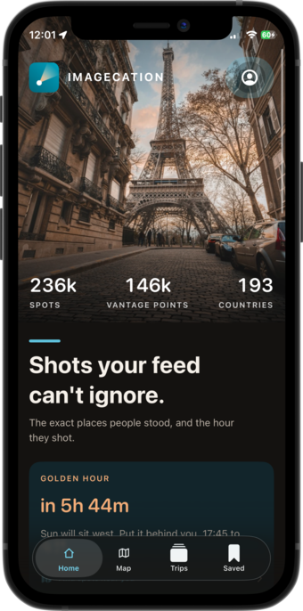 Imagecation home screen showing nearby photo spots and light times