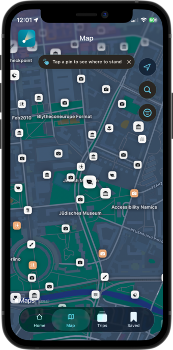 Imagecation map screen with photo spots and route guidance