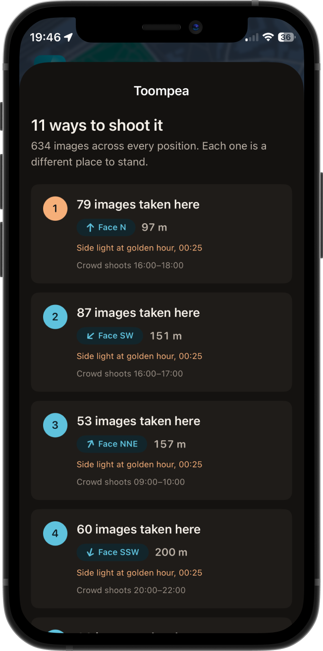 Imagecation list of eleven ways to shoot one landmark, each with its image count, direction to face and best hours
